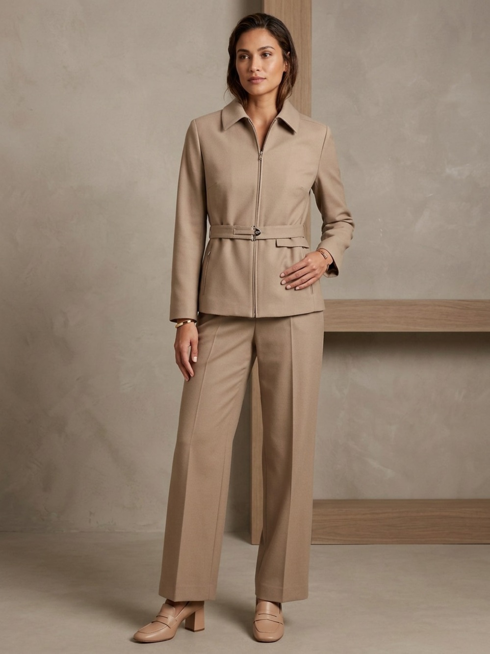 Alberta Ferretti Beige Zip-Front Jacket with Wide-Leg Trousers